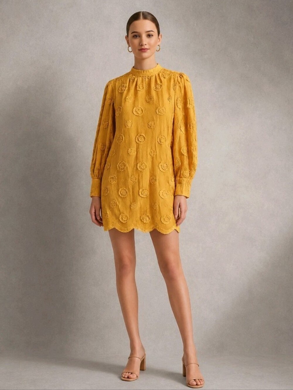 Storia Yellow Mini Shift Dress Floral Embroidered Boho Size Small